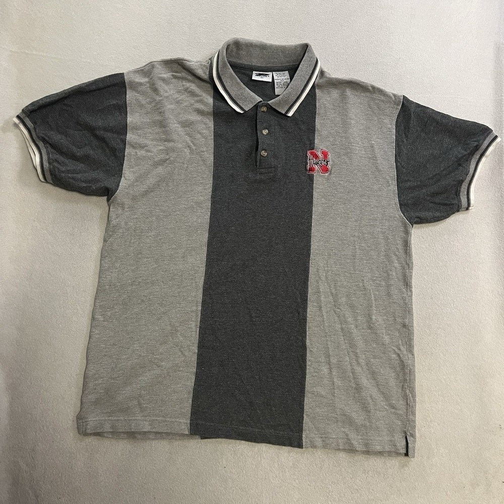 VTG Nebraska Huskers Polo Shirt Men's XL Gray Striped Short Sleeve Collge NCAA